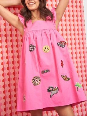 🌸 JADE BY JANE PINK Multi Patches Ruffled Streetwear Denim Dress Size Large 🌸